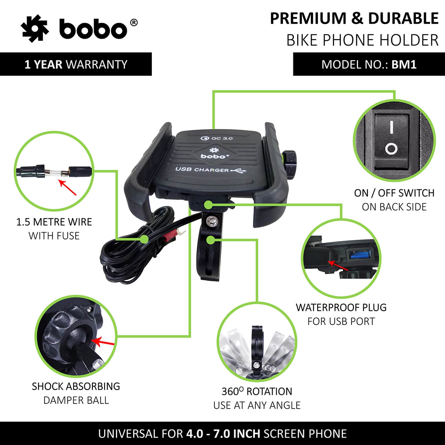 BOBO BM1 Jaw-Grip Bike Phone Holder (with fast USB 3.0 charger) Motorcycle Mobile Mount - Image 3