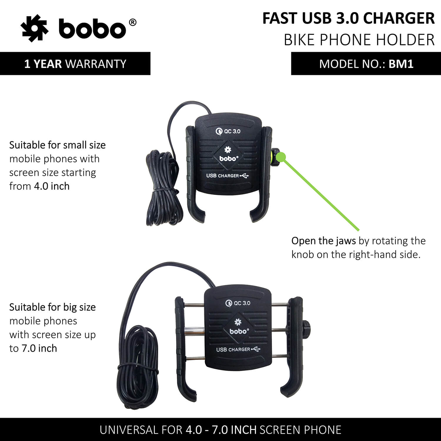 BOBO BM1 Jaw-Grip Bike Phone Holder (with fast USB 3.0 charger) Motorcycle Mobile Mount - Image 4