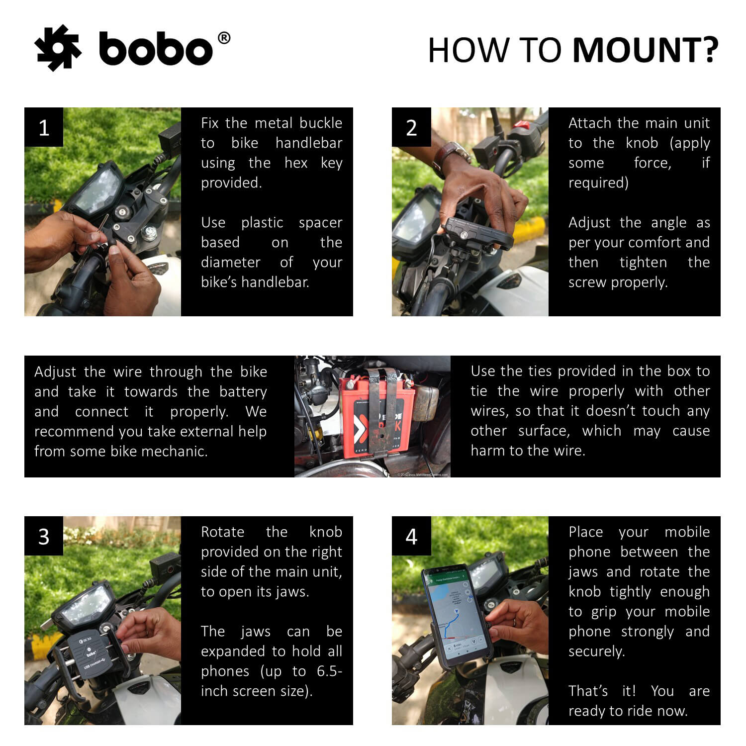 BOBO BM1 Jaw-Grip Bike Phone Holder (with fast USB 3.0 charger) Motorcycle Mobile Mount - Image 6